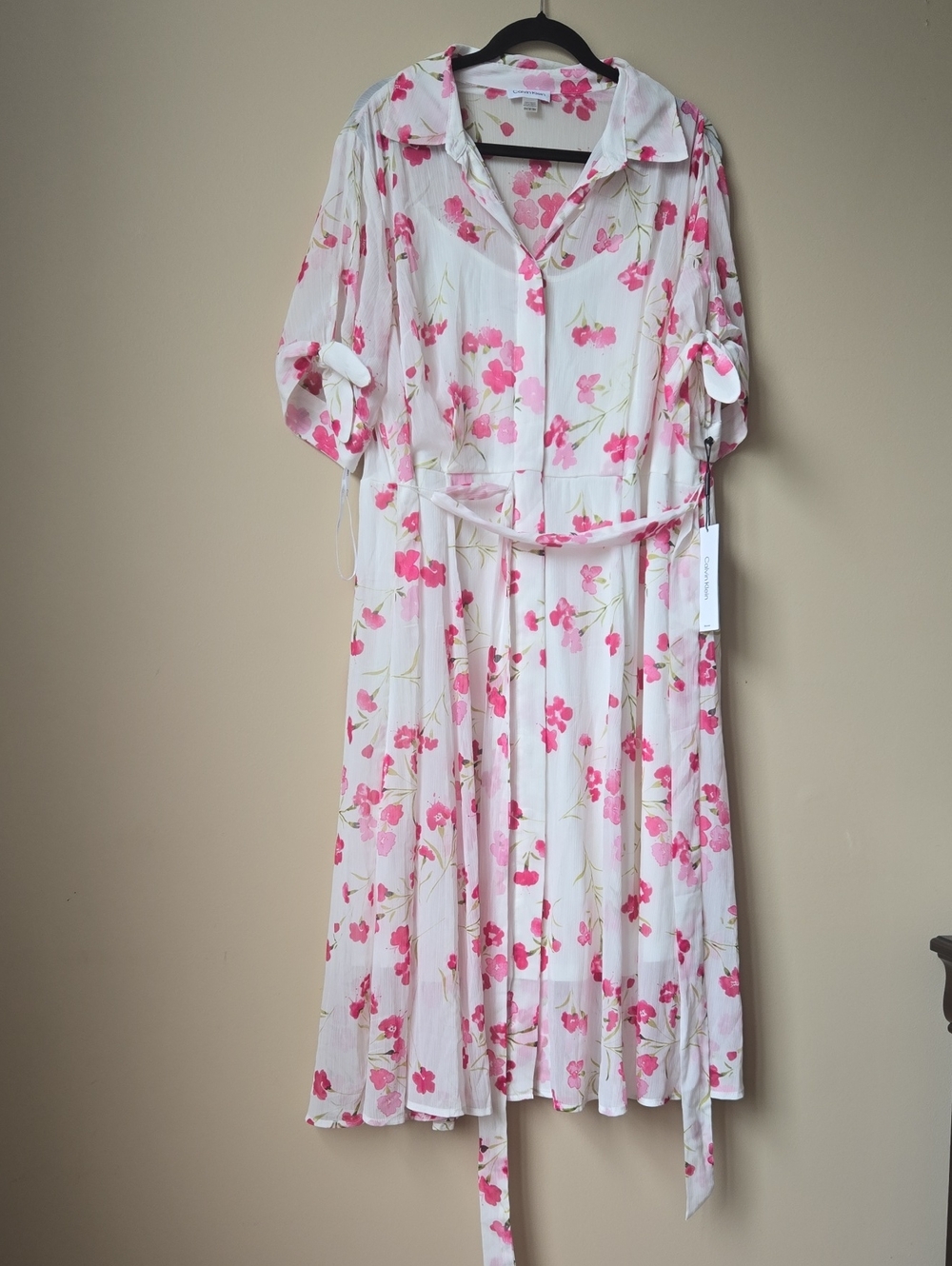 Calvin Klein White Midi Dress with Pink Floral Print
